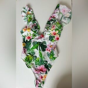 Tropical Floral One-Piece Swimsuit - White with Green & Pink Print
